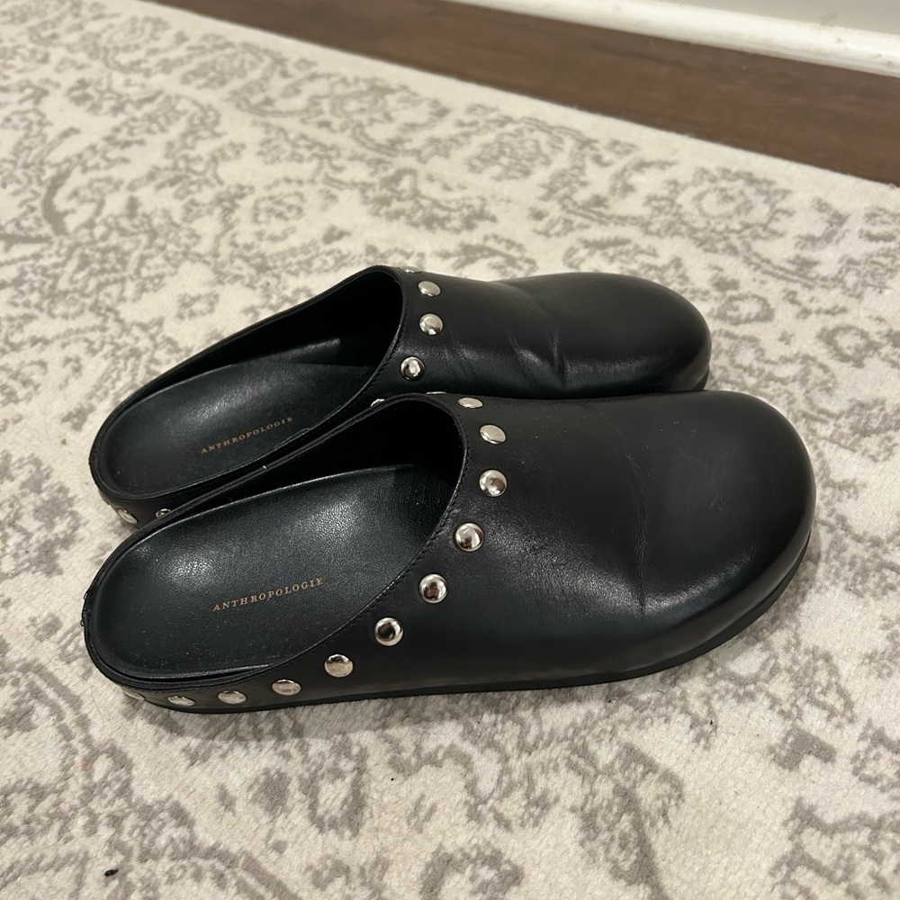 Anthropologie Black Leather Studded Mules